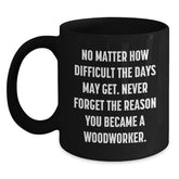 Woodworker Gifts from Friends for Birthday Unique Inspiration, Ceramic Black Coffee Mug 'No Matter How Difficult The Days May Get' - Main